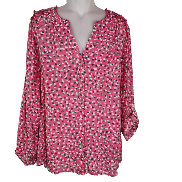 Zac & Rachel Blouse Shirt Women 1X Button Ruffles Long Roll Tab Sleeve Dots Pink - Picture 1 of 11